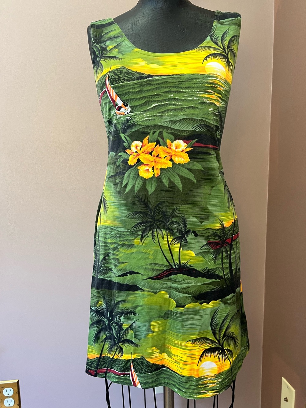 Y2K Green Tropical Hawaii Print Mini Dress Size Medium 90’s 80’s Made in USA